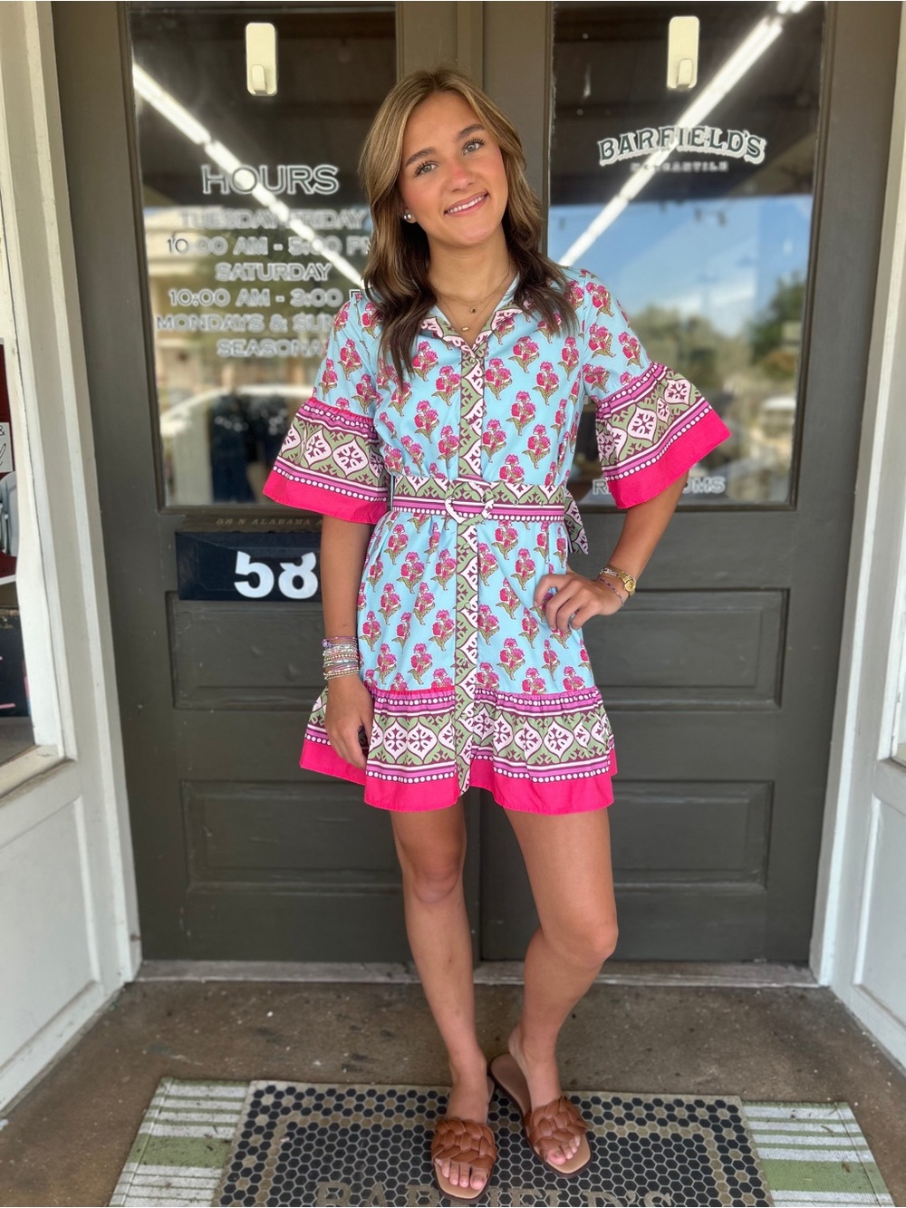 Blue Pink Floral Belted Mini Dress with Flutter Sleeves